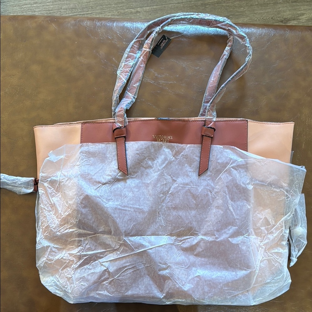 Victoria's Secret Pink and Tan Tote Bag with Leather Accents